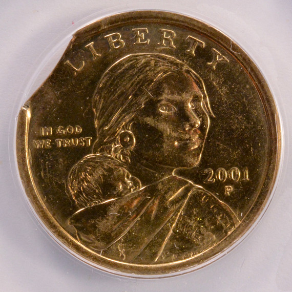 2001-P ANACS $1 Sacagawea Dollar 4% Curved Clip AU58