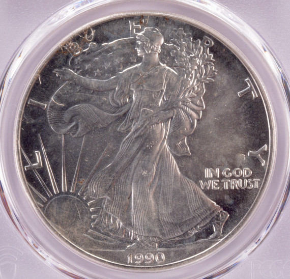 1990 PCGS $1 Silver Eagle Struck Thru Retained Wires Obverse MS66