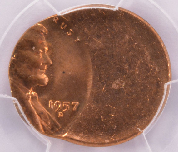 1957-D PCGS 1c Lincoln Cent Struck 65% Off-Center MS63 Red
