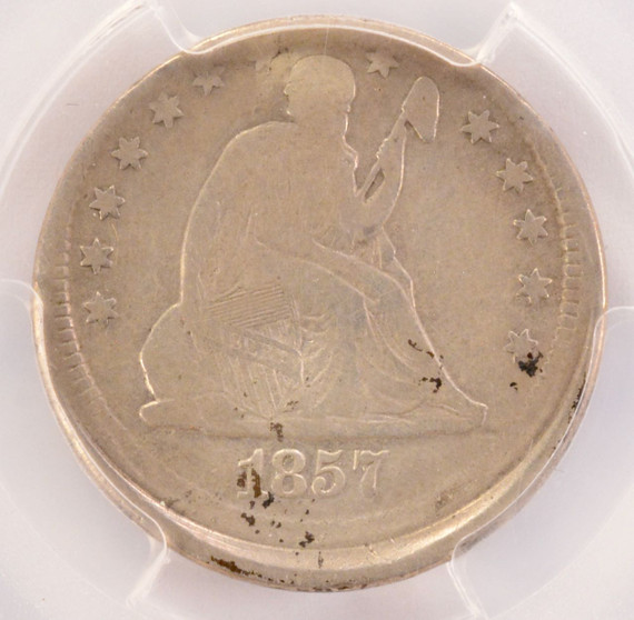 1857 PCGS 25c Seated Quarter Struck 3% Off-Center F 1857 PCGS 25c Seated Quarter Struck 3% Off-Center F