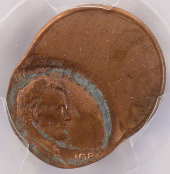 1986-x 1c Lincoln Cent Struck 50% Off-Center PCGS MS63 RB