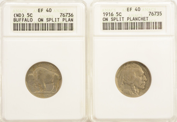(2 Coin Set) ANACS 5c 1916 Buffalo Nickel 2-Coin Split After Strike EF40