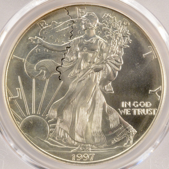 1997 $1 Silver Eagle Squiggly Struck Through Obverse PCGS MS67