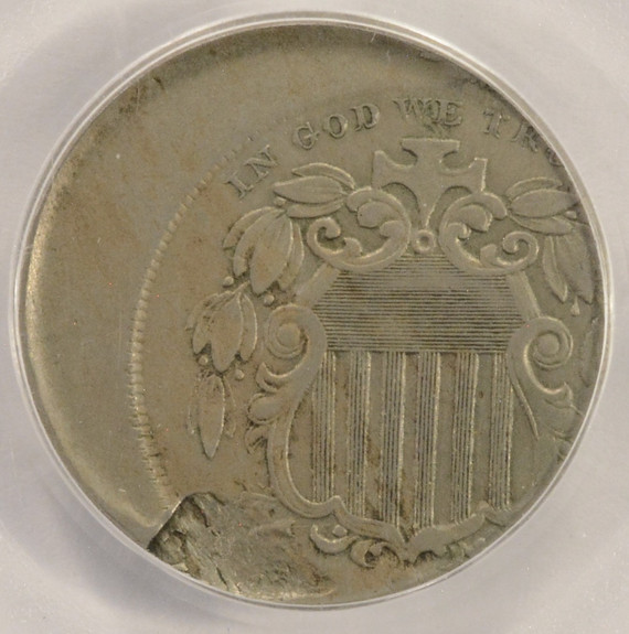 PCGS 5c (1867-1883) Shield Nickel Struck 20% Off-Center & Lamination AU55 PCGS 5c (1867-1883) Shield Nickel Struck 20% Off-Center & Lamination AU55