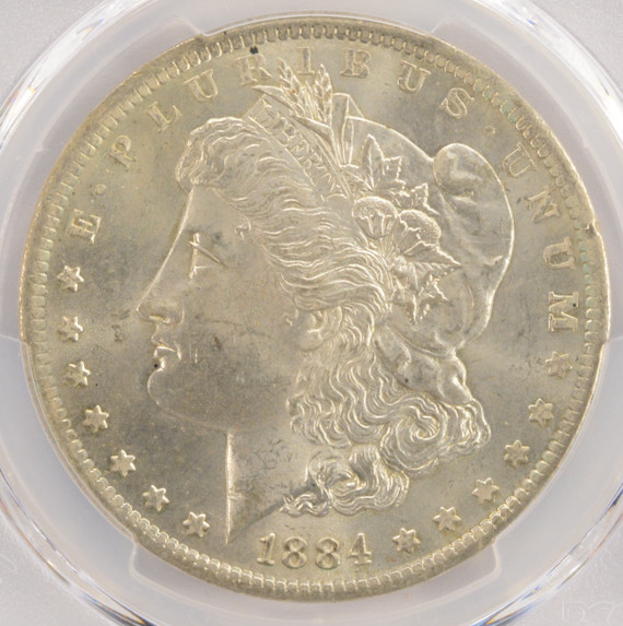 1884-O $1 Morgan Dollar Tilted Partial Collar Strike PCGS MS63