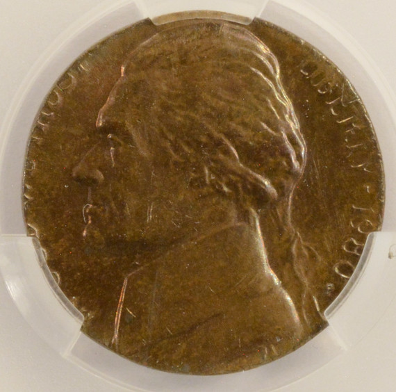 1980-P 5c Jefferson Nickel Struck on Cent Planchet 3.1 Grams CACG MS64 BN