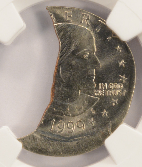 1999 $1 SBA Dollar 10% Off-Center & 30% Curved Clip NGC MS65
