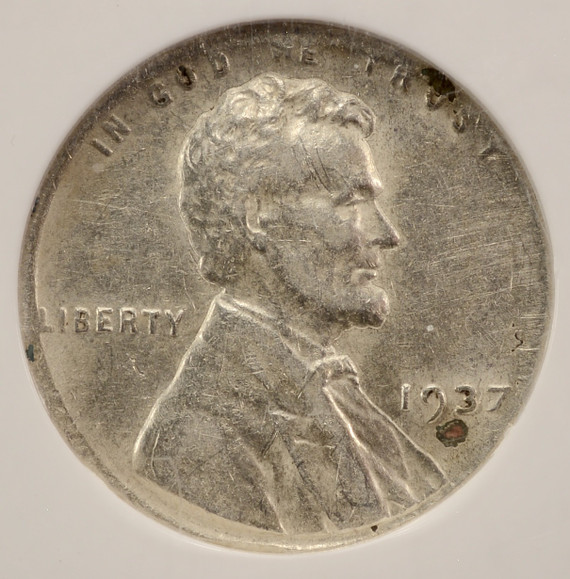 1937 1c Wheat Cent Struck on Dime Planchet NGC AU50