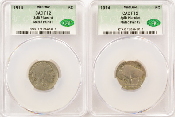 (2 Coins) 1914 5c Buffalo Nickel Split After Strike Mated Pair F12 (2 Coins) 1914 5c Buffalo Nickel Split After Strike Mated Pair F12