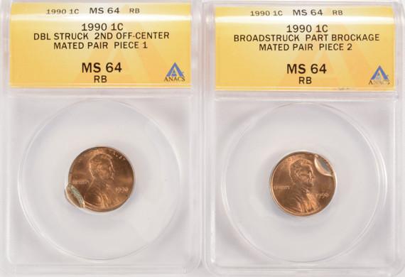 1990 1c Lincoln Cent 2-Coin Mated Pair Set ANACS MS64 RB 1990 1c Lincoln Cent 2-Coin Mated Pair Set ANACS MS64 RB
