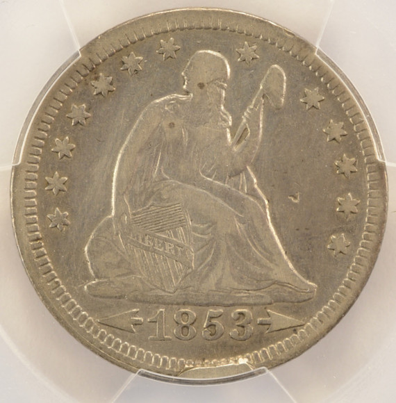 1853 25c Arrows/Rays Seated Quarter Cud Die Break Obverse PCGS VF Details 1853 25c Arrows/Rays Seated Quarter Cud Die Break Obverse PCGS VF Details