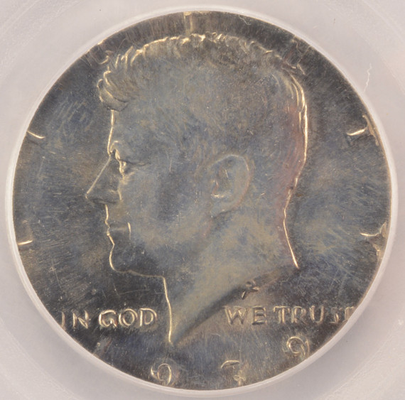 1979 50c Kennedy Half Struck on SBA Dollar Planchet PCGS AU58 1979 50c Kennedy Half Struck on SBA Dollar Planchet PCGS AU58