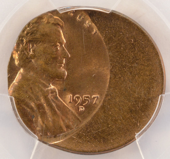 1957-D 1c Lincoln Wheat Cent Struck 35% Off-Center PCGS MS63 RB 1957-D 1c Lincoln Wheat Cent Struck 35% Off-Center PCGS MS63 RB