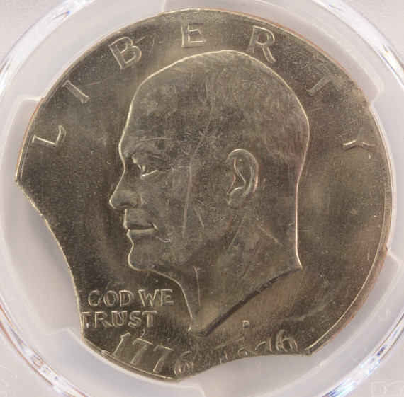 1976-D $1 Bicentennial Ike Dollar 7% Double-Curved Clipped PCGS UNC Details 1976-D $1 Bicentennial Ike Dollar 7% Double-Curved Clipped PCGS UNC Details