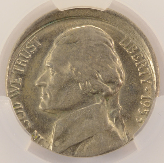1953-S 5c Jefferson Nickel Struck 5% Off-Center CACG AU58