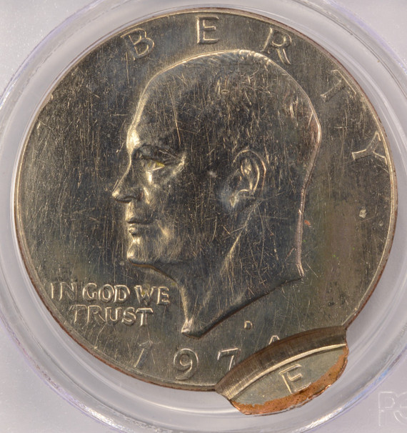 1974-D $1 Ike Dollar Double-Struck, 2nd 90% Off-Center PCGS AU53 1974-D $1 Ike Dollar Double-Struck, 2nd 90% Off-Center PCGS AU53