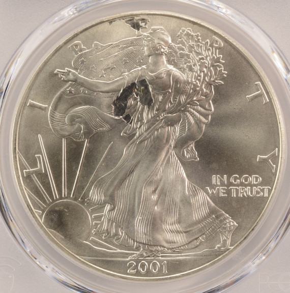 2001 $1 Silver Eagle Struck Thru Plastic Obverse PCGS MS69