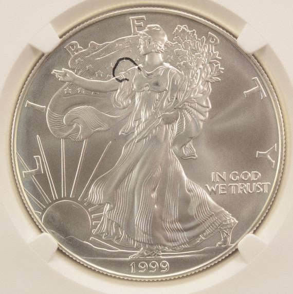 1999 $1 Silver Eagle Strike Thru Obverse NGC MS69 1999 $1 Silver Eagle Strike Thru Obverse NGC MS69