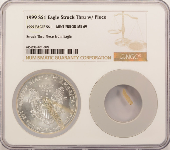 1999 $1 Silver Eagle (2 Piece Set) Struck Thru & Retained 2-Piece Set NGC MS69