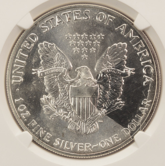 1989 1 Silver Eagle Struck Thru Plastic Reverse NGC MS67