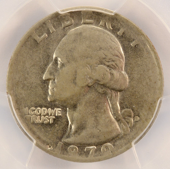 1970-D 25c Washington Quarter Struck on 10c Thickness Stock PCGS AU55 1970-D 25c Washington Quarter Struck on 10c Thickness Stock PCGS AU55