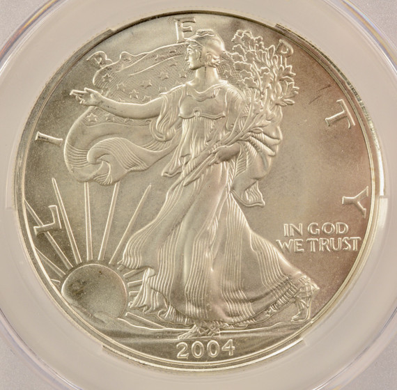 2004 $1 Silver Eagle Double-Struck, 2nd Partial Collar Strike & On-Center CACG MS66