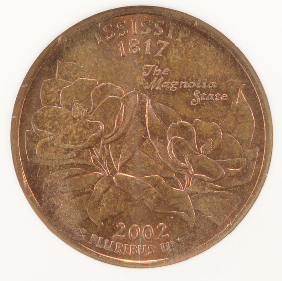 2002-D 25c Mississippi Quarter Reverse Missing Clad Layer MS65 RB