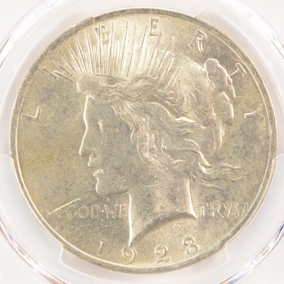 1923 $1 Peace Dollar Struck Through Obverse at K-8 PCGS MS63 1923 $1 Peace Dollar Struck Through Obverse at K-8 PCGS MS63