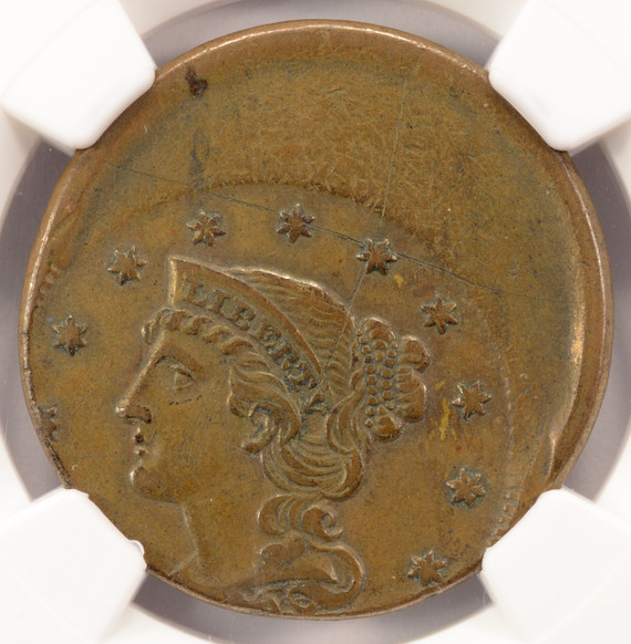 (1839-1857) 1c Braided Hair Large Cent Struck 35% Off-Center NGC AU Details (1839-1857) 1c Braided Hair Large Cent Struck 35% Off-Center NGC AU Details