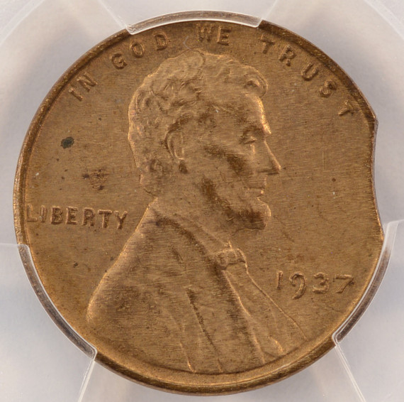1937 1c Lincoln Cent 2% Curved Clip at K-3 PCGS MS62 RB