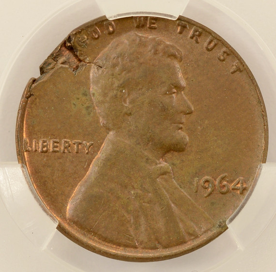 1964 1c Lincoln Cent Ragged Clip at 10 o'clock CACG AU58 BN