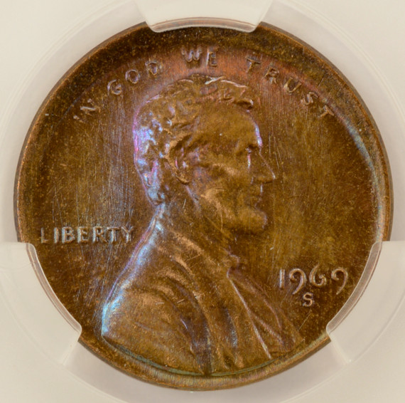 1969-S 1c Lincoln Cent Uncentered Broadstrike CACG AU58 BN