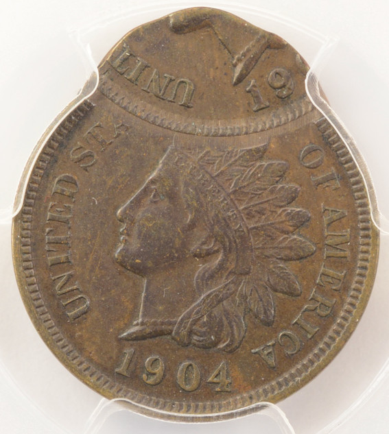 1904 1c Indian Cent Double-Struck, 2nd 80% Off-Center PCGS AU50 BN