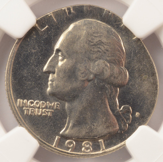 1981-P 25c Washington Quarter Struck on 5c Planchet NGC MS62 1981-P 25c Washington Quarter Struck on 5c Planchet NGC MS62