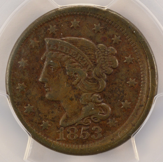 1853 1c Large Cent Misaligned Die PCGS XF40