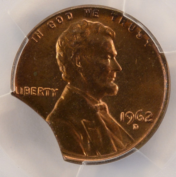 1962-D 1c Lincoln Cent 5% Curved Clip PCGS MS64 RB