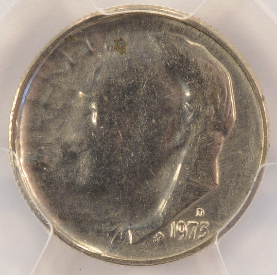 1973-D 10c Roosevelt Dime 70% Brockage PCGS MS62 1973-D 10c Roosevelt Dime 70% Brockage PCGS MS62