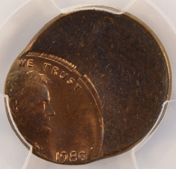 1980 1c Lincoln Cent Struck 60% Off-Center PCGS MS63 RB