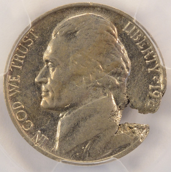 196X-x 5c Jefferson Nickel 12% Ragged Clip 4.41g PCGS AU55