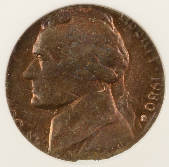 1980-P 5c Jefferson Nickel Struck on Cent Planchet ANACS MS62 RB