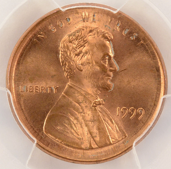 1999 1c Lincoln Cent Broadstruck PCGS MS65 Red