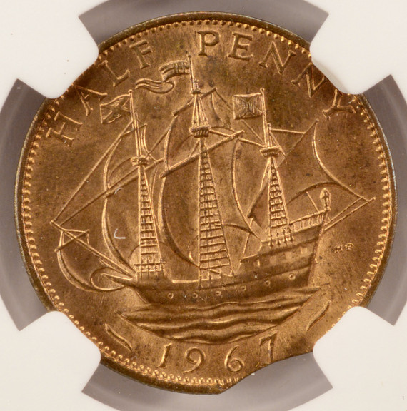 1967 Great Britain 1/2 Penny Curved Clip at 6:30 NGC MS64 RB