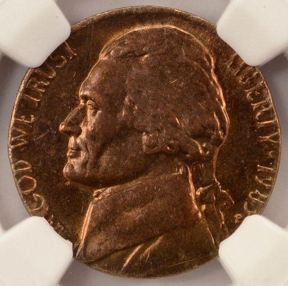 1983-P 5c Jefferson Nickel Transitional Struck on Bronze Cent Blank 3.1g NGC MS63 RB