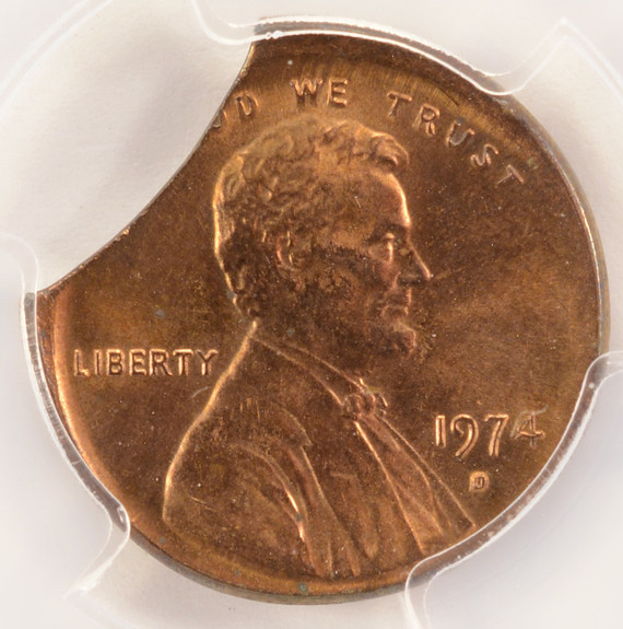 1974-D 1c Lincoln Cent Broadstruck & 11% Curved Clip PCGS MS65 RD