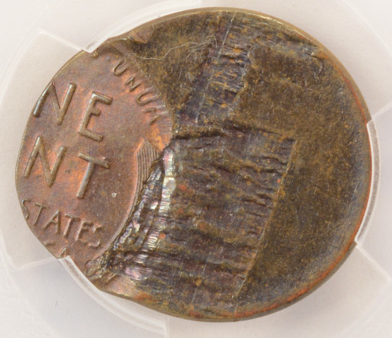 1958-D 1c Wheat Cent Struck 75% Off-Center & Lamination Reverse PCGS MS63 BN