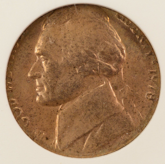 1978 5c Jefferson Nickel Struck on Cent Planchet ANACS MS62 Red
