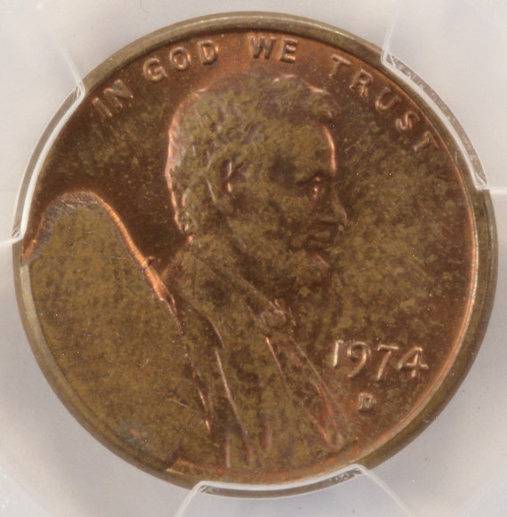 1974-D 1c Lincoln Cent Major Cud Obverse PCGS MS64 RB
