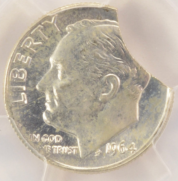 1964-D 10c Roosevelt Dime 10% Curved Clip PCGS MS64