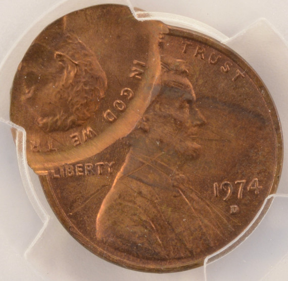 1974-D 1c Lincoln Cent Double-Struck, 2nd 60% Off-Center PCGS UNC Details