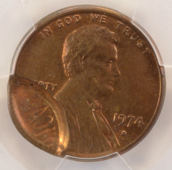 1974-D 1c Lincoln Cent 10% Brockage and Partial Collar PCGS MS63 RB